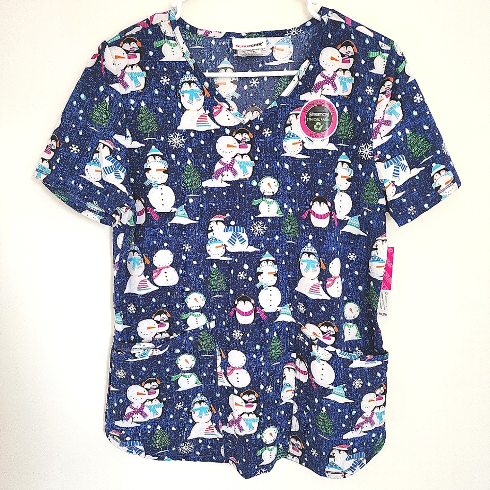 Snowman and Penguin print scrub top